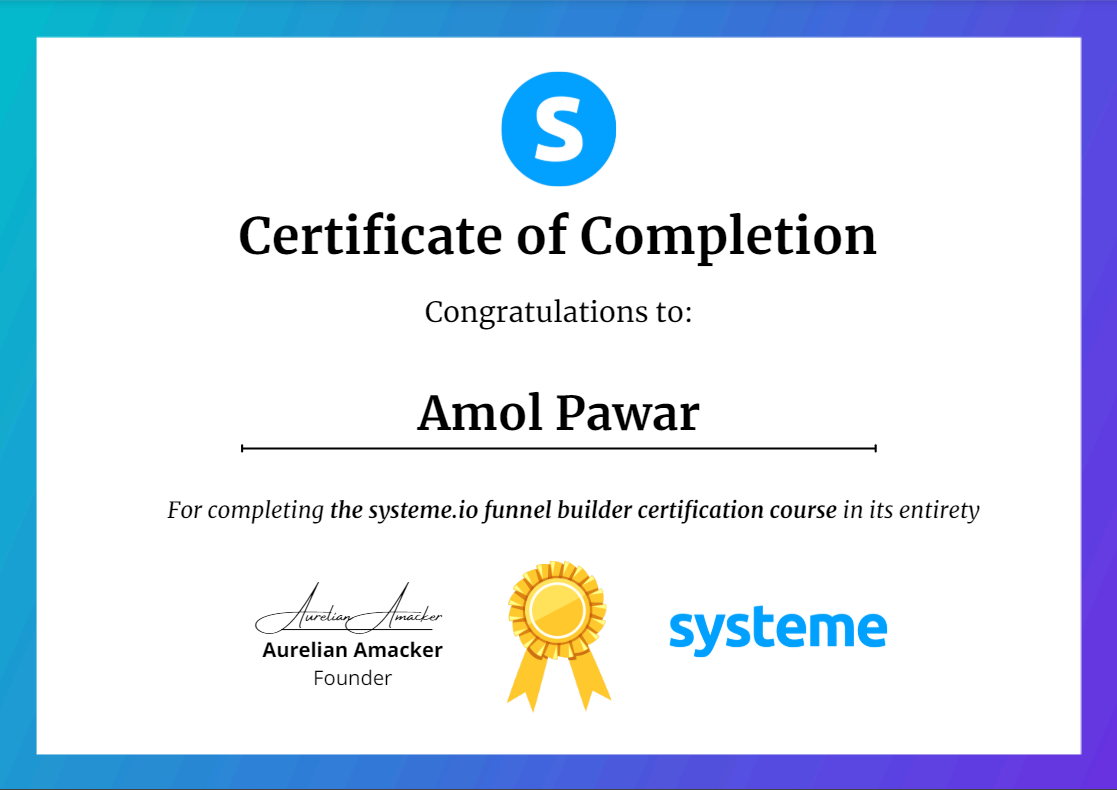 Amol Pawar Certified Funnel Builder Through Systeme.io